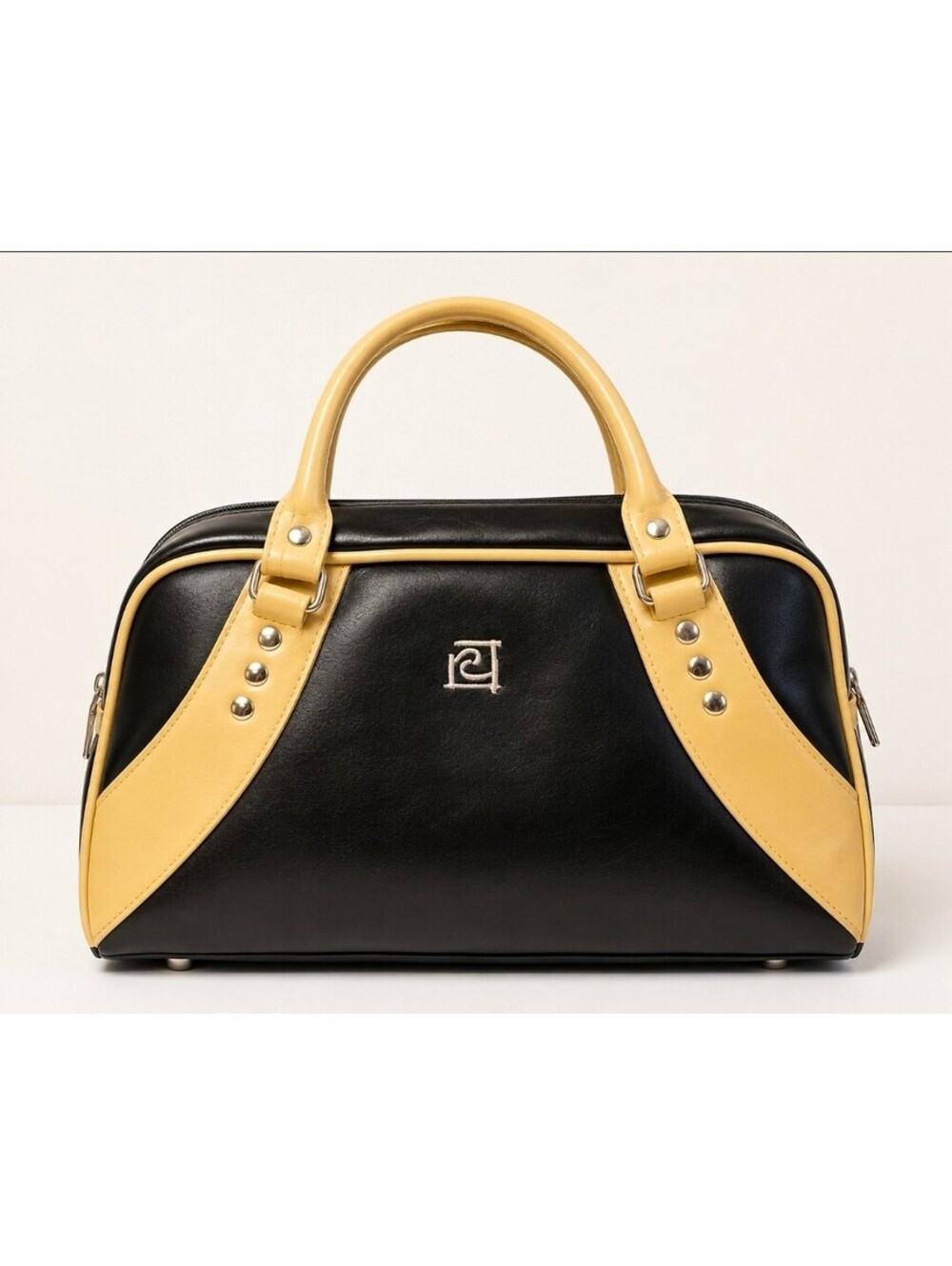 Vintage Pierre Cardin Y2K Black Cream Bowling Bag Colorblock Handbag Purse